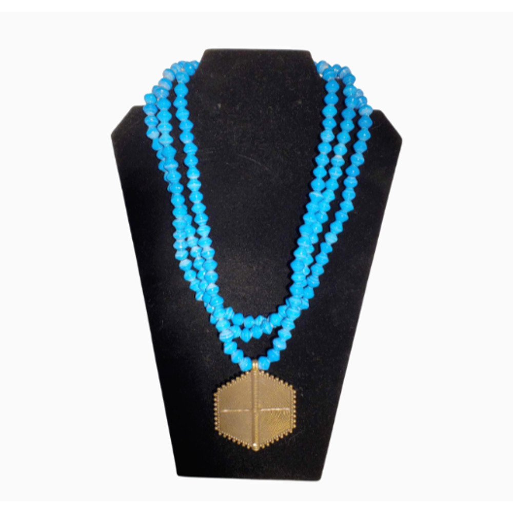 NEW Akola Necklace with Three Strands Turquoise Uganda Paper Beads Brass Pendant